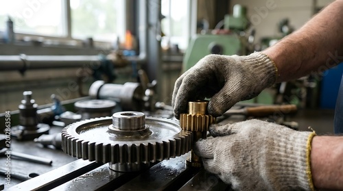 Skilled hands in protective gloves meticulously assemble a complex metal gear mechanism on a workbench in a workshop setting, showcasing precision engineering and manufacturing processes.