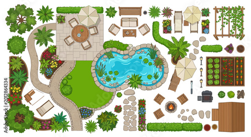 Foto aerial view garden plan with pool and landscaping vector illustration