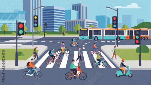 Fotografie People Riding Bicycles Cross Street.
