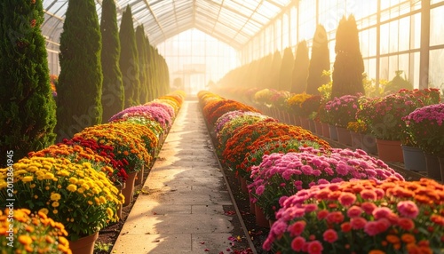 Vibrant flora cultivation thrives within a sunlit glasshouse nursery, showcasing seasonal flowers growing for the local market through expert horticulture and interior gardening