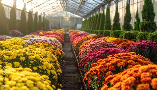 Vibrant flora cultivation thrives within a sunlit glasshouse nursery, showcasing seasonal flowers growing for the local market through expert horticulture and interior gardening