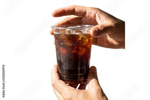 Close-Up Mockup of Transparent Plastic Cup with Iced Black Coffee – Two Hands Holding, Blank Label Area for Custom Branding, Strong Sunlit Editorial Commercial Shot