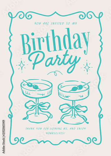 Blue Illustrative Modern Playful Cocktails Birthday Party Flyer
