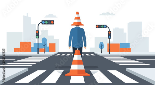 Business person wearing a traffic cone as a hat on a pedestrian crossing. EPS Editable. Vector Illustrations.