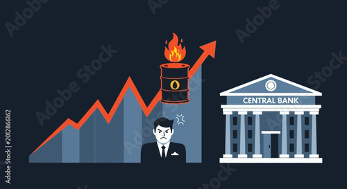Conceptual illustration showing rising oil prices affecting central bank monetary policy. EPS Editable. Vector Illustrations.