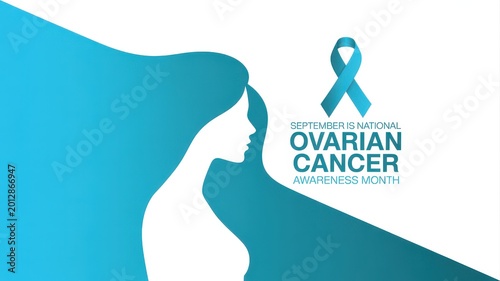 Ovarian Cancer Awareness Month with woman silhouette and teal ribbon, isolated on white background