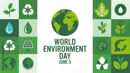 World Environment Day June 5 with Globe and Environmental Icons on Green Grid Background
