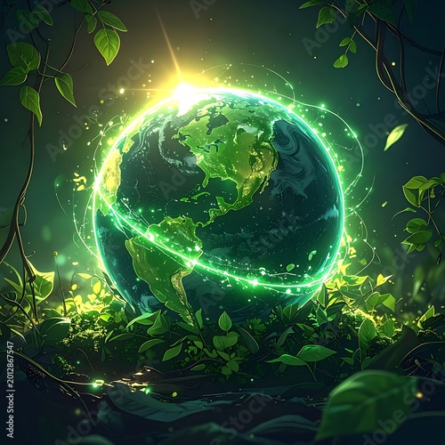 Glowing Earth with Green Leaves Environment.