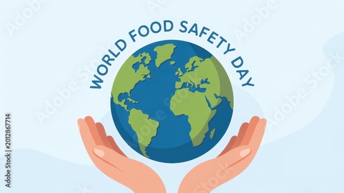 World Food Safety Day with hands holding a globe on a light blue background
