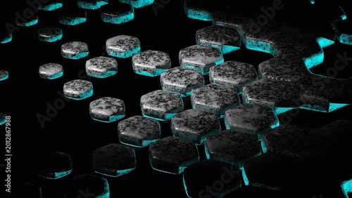 3d textured tiles with cyan neon glow arranged in diagonal wave pattern on black background, close-up view of rough dark blocks with teal light underneath
