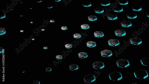 Multiple rough textured 3d stones with cyan neon rim light scattered on black background, floating dark pebbles with teal glow in varying sizes top view