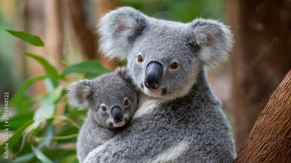 Obraz premium Close-up of a koala and her cub in a forest setting, wildlife family concept, Australian animal photography, mother and baby koala, defocused background, with copy space