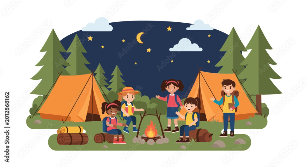 Naklejka premium Group of diverse children camping together around a campfire at night. EPS Editable. Vector Illustrations.