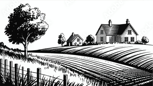Black and white illustration of rural landscape with houses and fields  serene countryside scene