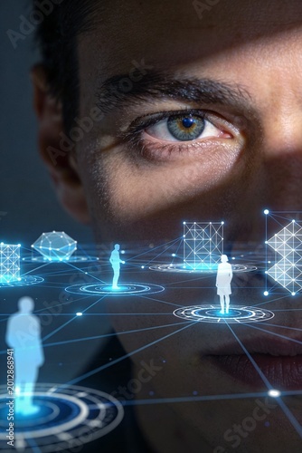 Futuristic Human Observer With AI Data Visualization Interface and Analytical Overlay