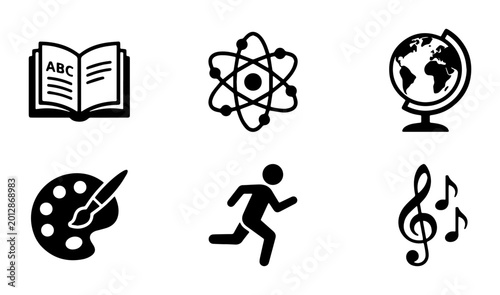 Foto Minimalist education icons set, black school subject symbols vector, collection