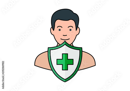 Photos Hombre joven protegido por un escudo con cruz médica