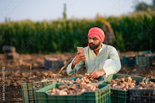 Konstfotografi young indian farmer using smartphone standing at turmeric field
