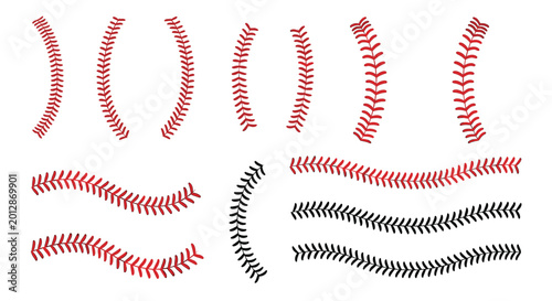 Baseball and softball stitching vector patterns showing various red and black seam designs for sports equipment graphics.