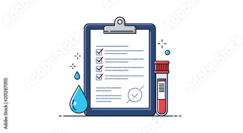 Medical checkup and laboratory test results on a clipboard with a blood sample tube and water drop icons for health monitoring.
