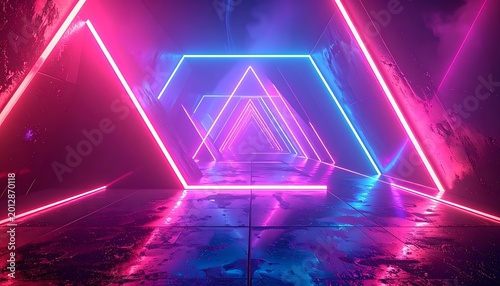 Neon geometric shapes in dark room.