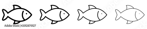 A set of line icons featuring a fish and a sea wave within a circle, shown in four different stroke weights. Vector symbols for seafood, the ocean, fishing, or marine ecology.