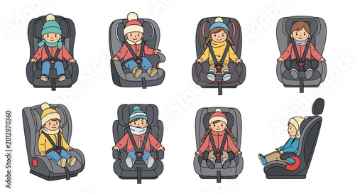 Collection of eight different child safety car seats with toddlers sitting in them wearing winter clothes and hats.