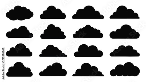 Collection of various black cloud shapes on white background