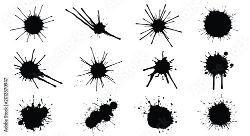 Selection of twelve different black ink splatters and paint blots with varied shapes and spray patterns on a clean white background.