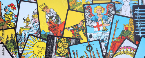 Tablou pe pânză Fortune telling on tarot cards, used Marseille Tarot deck by unknown artist publ