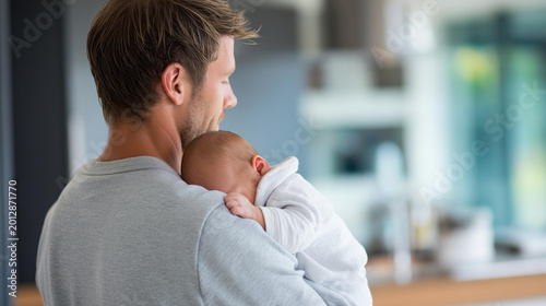 Rear view of a father on paternity leave holding a newborn baby at home, involved parenting concept, new father and infant, family lifestyle photography, defocused background,