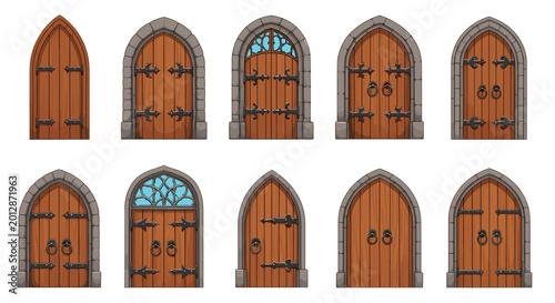 Selection of arched wooden doors with ornate iron hinges and stone frames suitable for a castle or medieval setting.