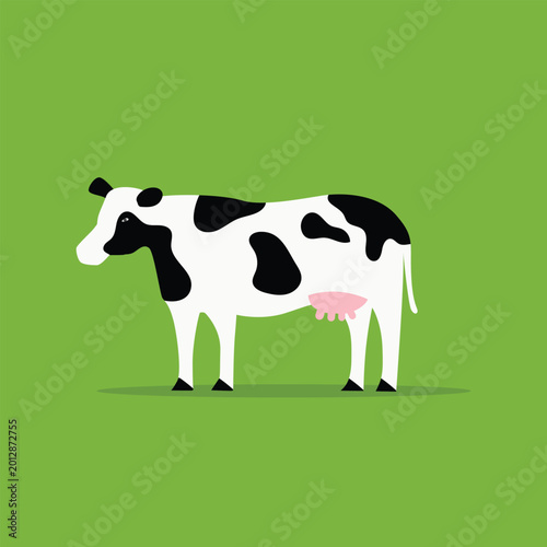 A stylized black and white cow with pink udder stands on a green background.