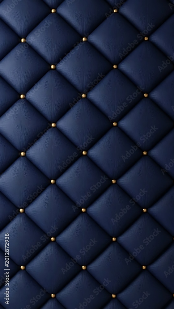 Fototapeta premium Closeup view of deep navy blue tufted upholstery with golden decorative studs creating a diamond pattern