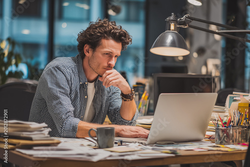 Focused Man at Desk with Laptop: A concentrated individual is engrossed in their work, eyes fixed on the laptop screen, while sitting at a desk littered with various items.
