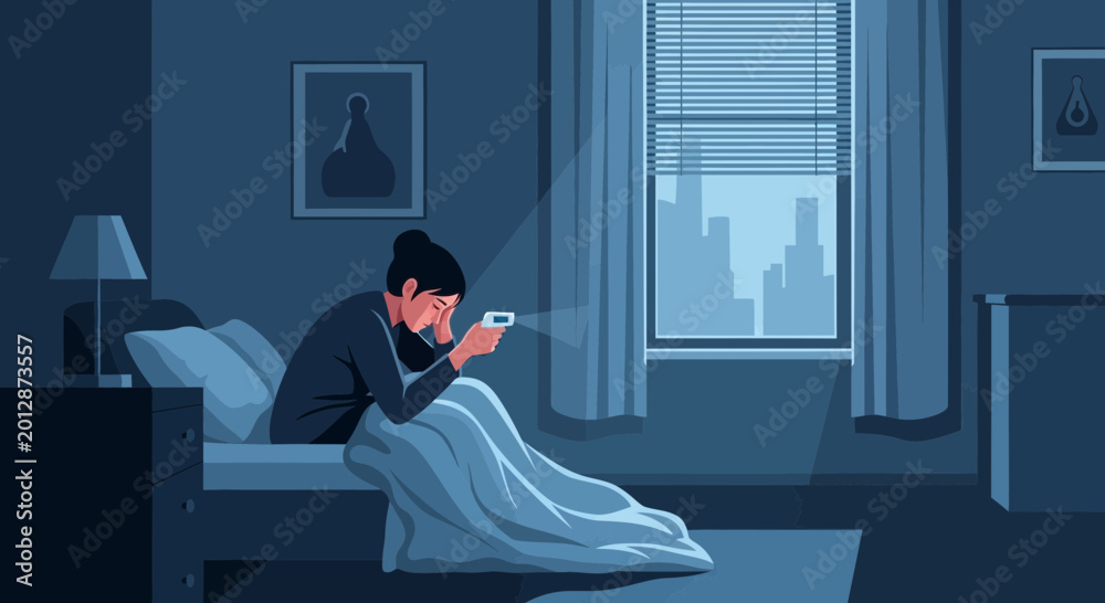 Fototapeta premium Woman Suffering From Insomnia Staring at Smartphone in a Dark Bedroom, Thinking Alone