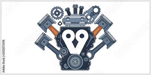 Εκτύπωση καμβά V-Engine Mechanism with Pistons and Gears