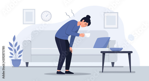 Woman Suffering From Neck Pain And Fatigue In A Living Room Resting And Holding A Mug