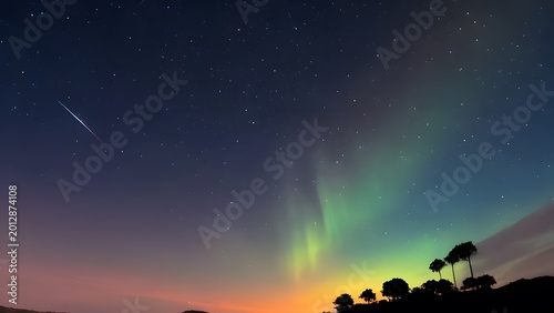 Aurora Borealis over silhouette trees during meteor shower with twilight sky