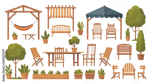outdoor furniture and plants illustrations on white background