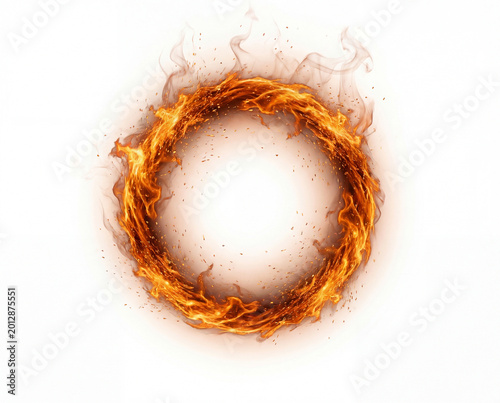 Flaming ring of fire isolated on white background, circular burning flame design element
