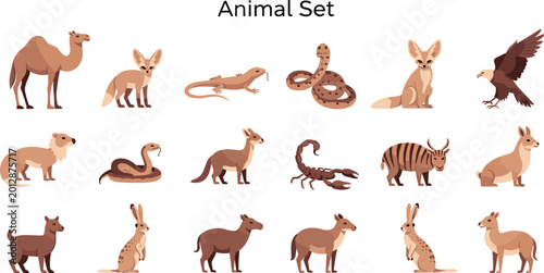 Fotografía Desert animal icons set with camel, kangaroo, snake, fox, eagle, scorpion and wi