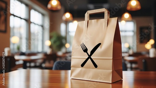 Takeout Food Bag with Fork and Knife Icon on a Wooden Table in a Cozy Restaurant Setting Perfect for Food Delivery and Dining Experience