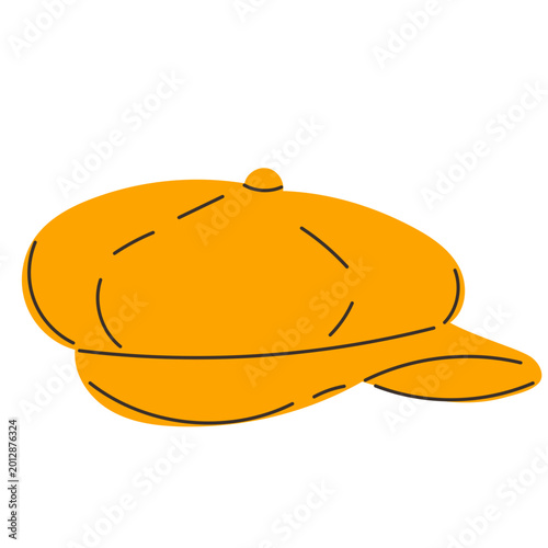 Yellow Beret Cap Icon. Vintage Fashionable Hat Headwear Isolated on Transparent. Hand Drawn Retro Accessory Elegant Clothing Element. 
