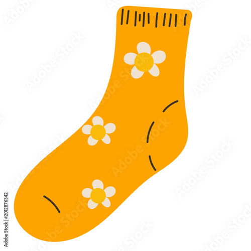 Yellow Funny Sock Icon. Vintage Fashionable Footwear Isolated on Transparent. Hand Drawn Retro Style Accessory. Positive Clothing Element. 