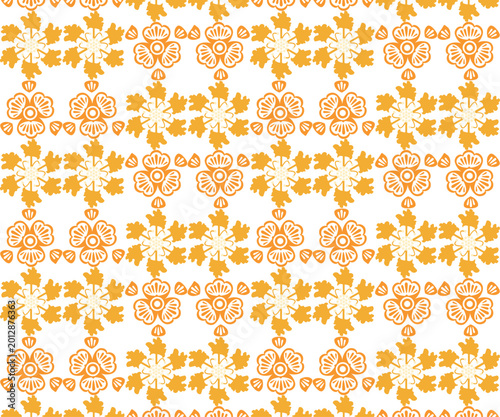 Fotografie A lively and decorative seamless pattern showcasing clusters of stylized orange and white floral elements with leaf accents on a pure white background