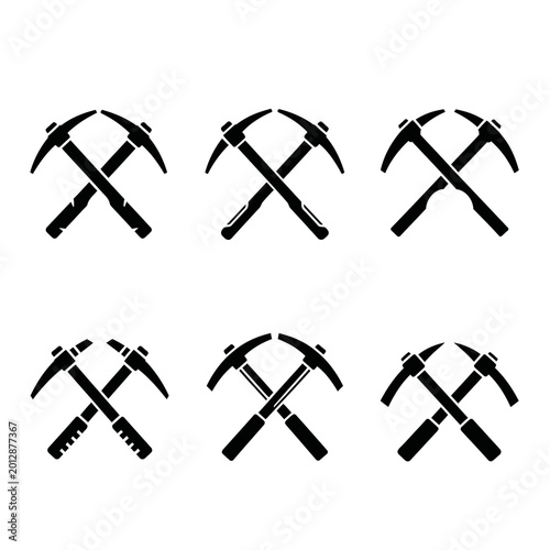 Set of Crossed Pickaxes Icons, Mining Tools, Black Silhouette on White Background