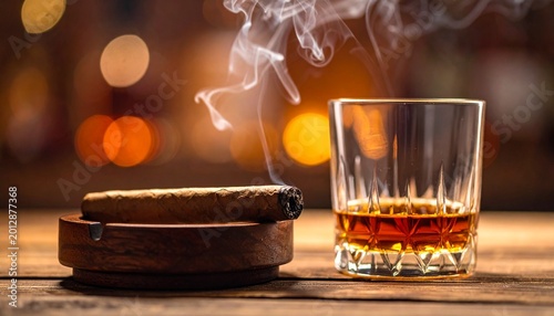 Whiskey glass and lit cigar on wooden table in moody lounge
