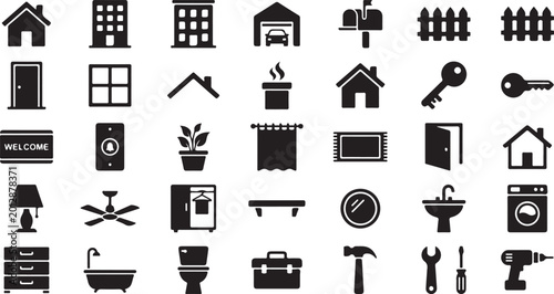 Schilderij op canvas Minimalist black and white collection featuring home buildings transportation an