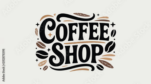 coffee shop logo with beans and leaves on beige background